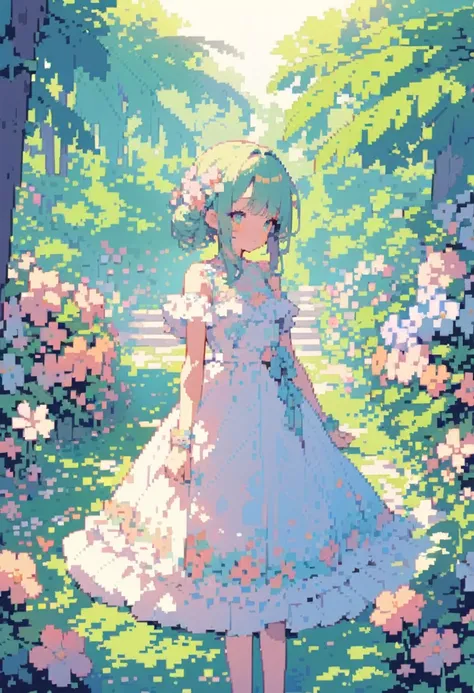 a beautiful detailed pixel art painting of a girl in a vibrant flower garden, summer afternoon light, delicate watercolor style, pastel colors, intricate details, soft focus, bright and luminous, masterpiece, no person, no girl in midle