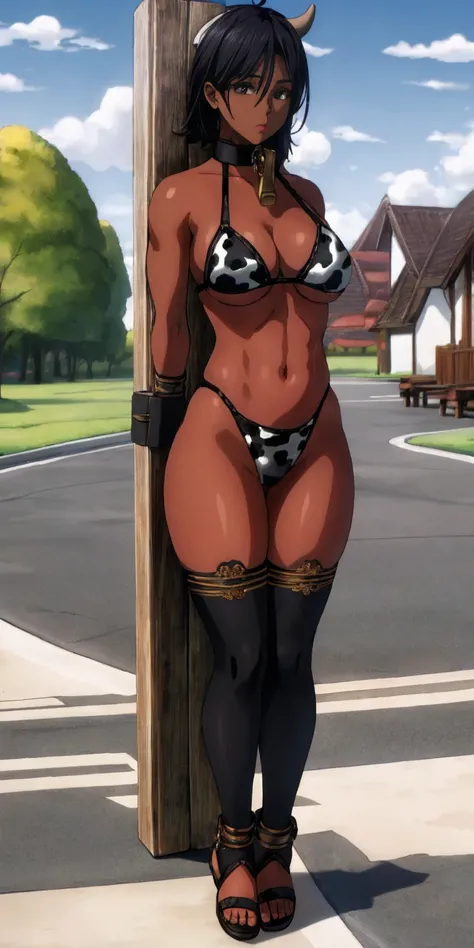 (Masterpiece, best quality, intricate details, 1sologirl) iron collar, arms behind back, iron cuffs, shackles, bound ((standing by wooden pole:1.2)) ((female Black Dark skin Gyaru)) show entire body frontal position, feet in view, realistic, gorgeous 16y.o...