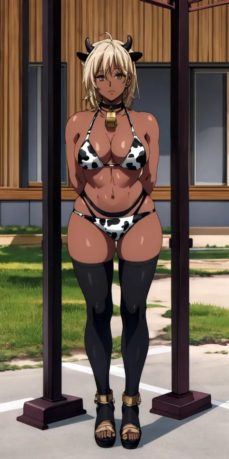 (Masterpiece, best quality, intricate details, 1sologirl) iron collar, arms behind back, iron cuffs, shackles, bound ((standing by wooden pole:1.2)) ((female Black Dark skin Gyaru)) show entire body frontal position, feet in view, realistic, gorgeous 16y.o...