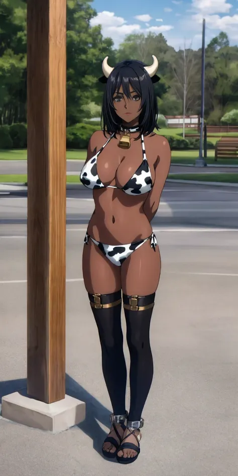 (Masterpiece, best quality, intricate details, 1sologirl) iron collar, arms behind back, iron cuffs, shackles, bound ((standing by wooden pole:1.2)) ((female Black Dark skin Gyaru)) show entire body frontal position, feet in view, realistic, gorgeous 16y.o...