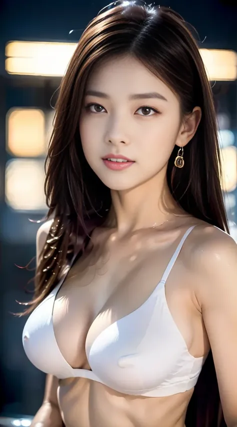 ((Realistic lighting, Highest quality, 8K, masterpiece: 1.3)), Clear focus: 1.2, 1 Girl, Perfect figure: 1.4, Abdominal muscles: 1.1, ((Dark brown hair)), (White Crop Top: 1.4), (Outdoor, night: 1.1), Cityscape, Highly detailed face, Beautiful Eyes, double...