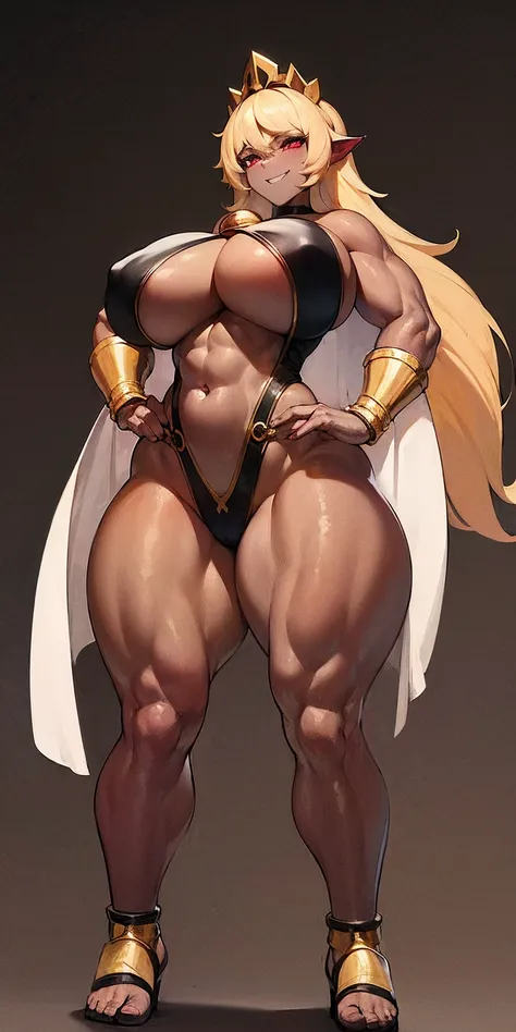 ((BLACK BACKGROUND,1:2, masterpiece)) full body MILF BIMBO standing with two long thighs and two metal sandals, red eyes, two-tone hair, brown hair, silver white hair, short bob style hair, big breasts, cleavage, separate sleeves, tiara royal, long cape up...