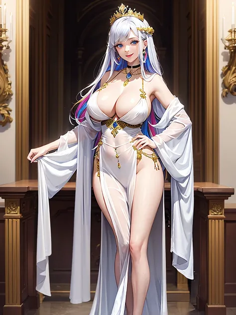 (masterpiece), (best quality), 1girl, solo, white skinned female, 35-years old, multicolored hair, very large breasts, large hips, jewelry, cleavage,  personification, choker, crown, open silk bathrobe,  bare shoulders, smiling, hands on hips, indoors, orn...