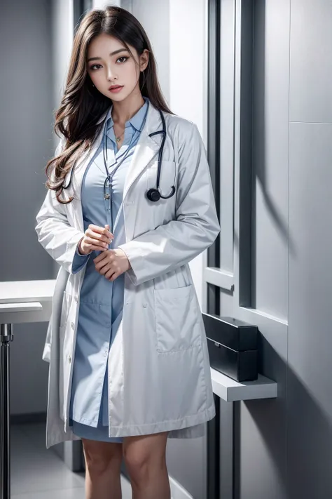 Realistic beautiful doctor、Stunning beauty、Doctors white coat, Collared shirt、(Top quality、8K、32k、masterpiece、nffsw:1.3)、Ultra-high resolution,(Reality:1.4),Original Photography, Delicate face,,Beautiful hair, ((Doctor style)), , Black tight skirt、 Natural...