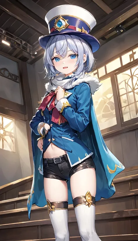 1 girl, Furina (genshin impact), heterochromia, mismatched gloves, top-hat, Blue jacket, Short shorts, thigh strap, waist cape, looking at the viewer, presumed, Open mouth, naughty face, hand on hip, cowboy shot, theater, inside