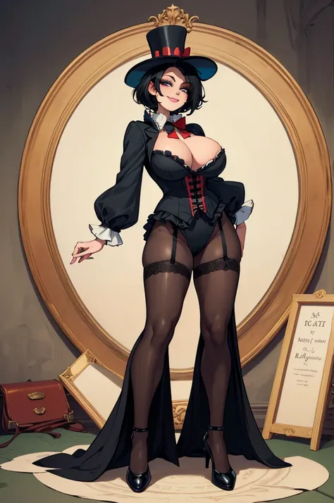 (masterpiece, best quality, high resolution, ((full body, standing,))((huge breasts)) 1 woman, very short black hair, black lips, mad hatter costume from Alice in Wonderland, mischievous smile, top hat, , full body, full body
