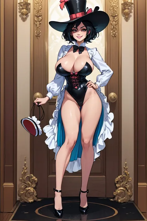 (masterpiece, best quality, high resolution, ((full body, standing,))((huge breasts)) 1 woman, very short black hair, black lips, mad hatter costume from Alice in Wonderland, mischievous smile, top hat, , full body, full body
