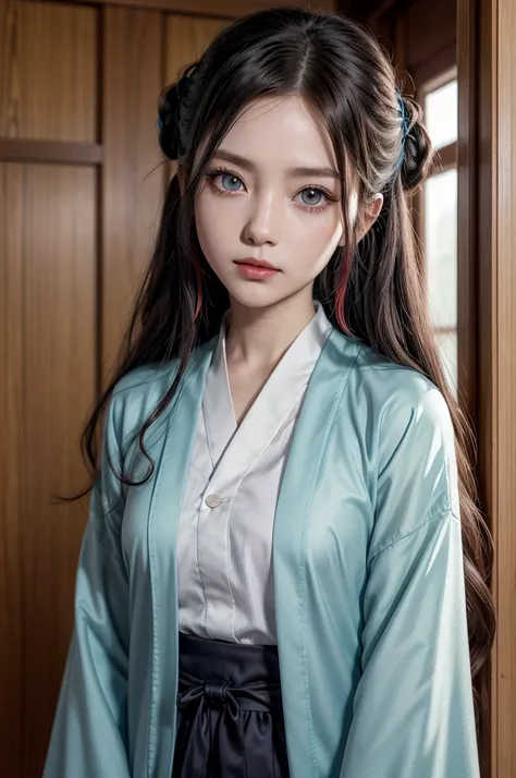 Captura of Kimetsu no Yaiba, female character, Long, wavy hazel hair and light blue eyes, with a calm look, Cheerful appearance, with elegant doors, and with red eye shadow, and lipstick of a light crimson tone. He wears the uniform of the demon hunters fr...