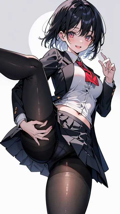 One Girl, Five Fingers, mini skirt, Looking down at the viewer, Black Hairロングヘアー, Highest quality, Focus on the thighs, Dynamic pose, smile, blazer, blouse, Black Pantyhose, panties under pantyhose, Standing Split, classroom, Black Hair, Stylish pose,My th...