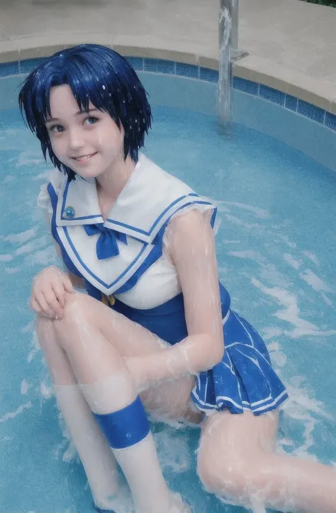 japanese, junior High School girl,1 person, age 15, Sailor Mercury, A cosplay that is heavy wet and heavy transparent,Wet blue short hair, Wet arms,Wet legs,Wet Face, pose, Highest quality, wet poolside, smile, lie down, open leg
