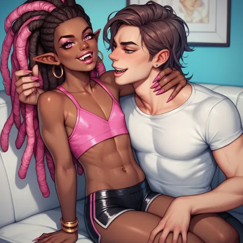 Best quality, highly detailed, ultra detailed, 1 very Dark brown skin boy, flat chest, male chest, curvy body, long pink dreadlocks, pink dreadlocks, pink eyes, pointy ears on sides, fangs, sharp nails,  lipgloss, wearing white croptop, biker shorts, bitin...