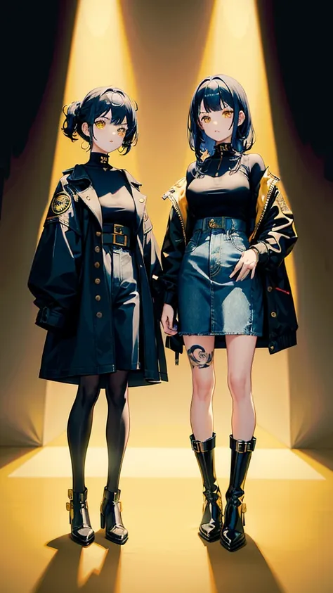 2girls, twins, short wavy navy blue hair, golden yellow glowing eyes, wearing black tube top, navy blue trench coat, navy blue long denim skirt, golden boots, sleeve tattoo, river, absurdres, high res, ultra sharp, 8k, masterpiece, looking at viewer