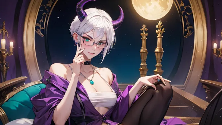 8k, masterpiece, best quality, highly detailed, 1 girl, tiefling, warlock, multicolored hair, very short straight hair green highlight hair on white hair, strippled hair, wearing glasses, round glasses, earrings, red eyeshadow, long eyelashes,navel piercin...