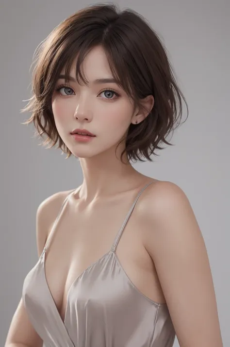 (masterpiece), (Best image quality), 8K resolution, Ultra-fine, 超Ultra-fine, realism, realism, 30 year old mature woman、 Small face, No makeup、Beautiful Face、 short hair, Dark brown hair, Beautiful and beautiful eyes, Bust B cup, 、Small breasts、Silk dress、...