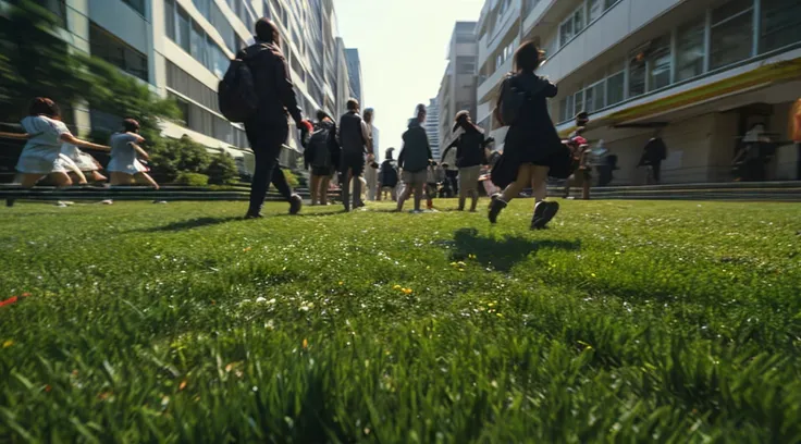 Photorealistic first-person perspective. The scene depicts a blurry and disoriented view from the ground level, simulating the experience of awakening from a faint. The focus is on the blurry feet of people approaching, with the grassy ground of a schoolya...