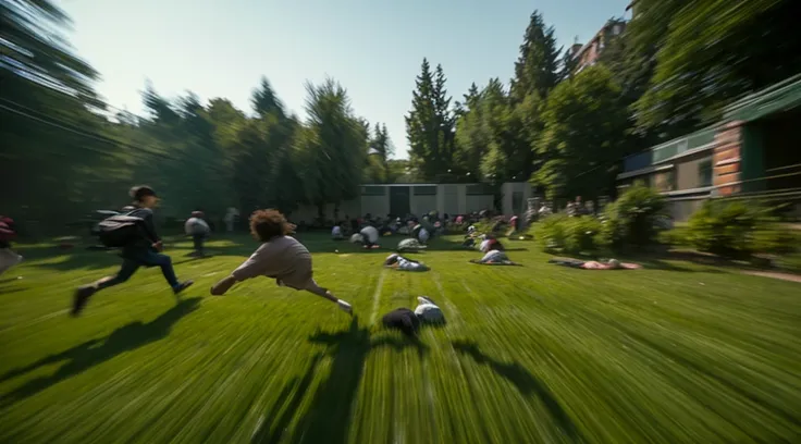 Photorealistic first-person perspective. The scene depicts a blurry and disoriented view from the ground level, simulating the experience of awakening from a faint. The focus is on the blurry feet of people approaching, with the grassy ground of a schoolya...