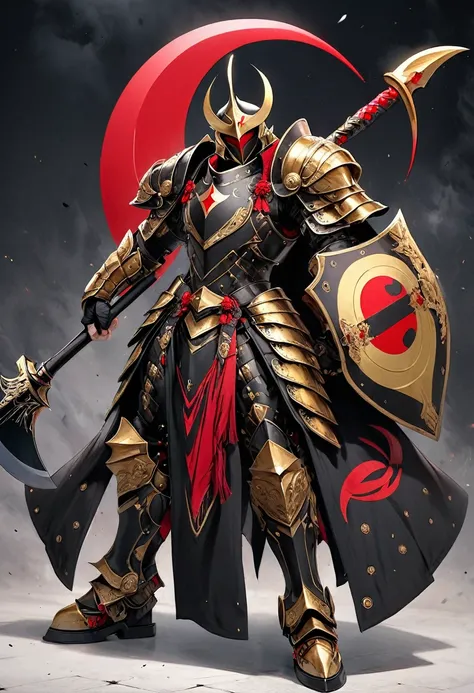 warrior in black & gold plate armor wielding a red & black crescent shaped greataxe