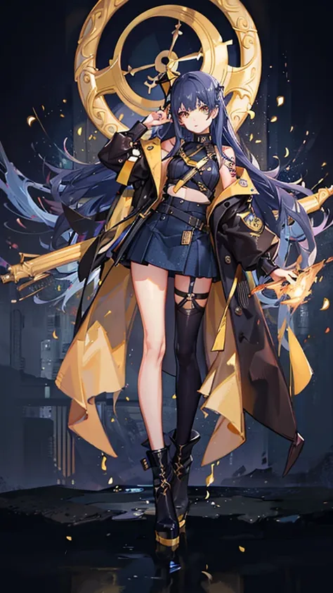 2girls, twins, short wavy navy blue hair, golden yellow glowing eyes, wearing black tube top, navy blue trench coat, navy blue long denim skirt, golden boots, sleeve tattoo, river, absurdres, high res, ultra sharp, 8k, masterpiece, looking at viewer