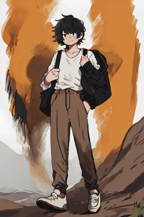 16 year old boy with a white shirt and beige pants, white shoes and black hair