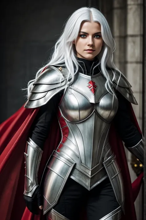 Woman with white hair and skin with black and gold eyes, dressed in silver armor and red cape