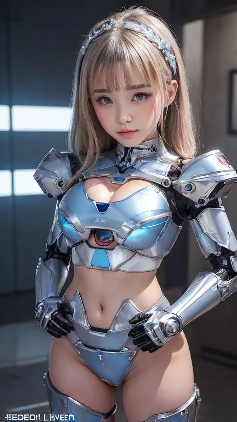 Anstasha Kosasi (@Anastasiak Instagram), Upper body close-up,alone,(Blonde Short Hair), (Huge fake tits,Cleavage Top,Muscular Abs:1.5), ((Costume Mecha Wear (LED Line Blue),Silver,Black Dream),Bikini Mecha Armor Suit, Mecha Skin Tight:1.5)),(Curvaceous and...