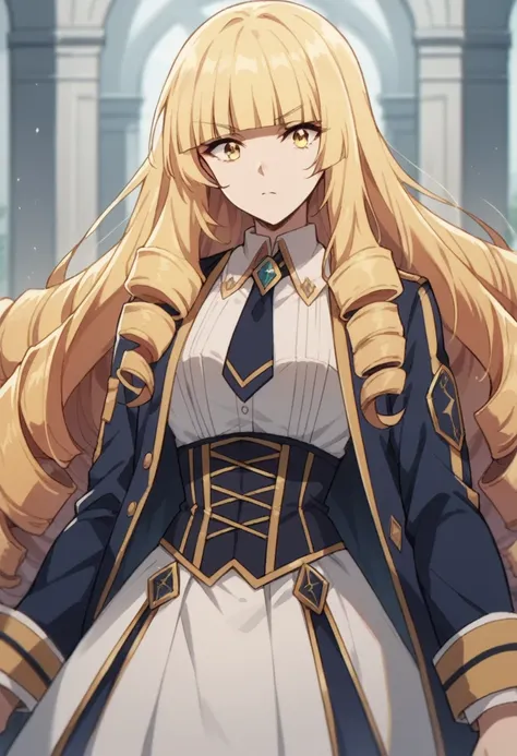 oriana rose, long hair, blonde hair, yellow eyes, drill hair, bangs, blunt bangs,
skirt, jacket, necktie, white skirt, corset,