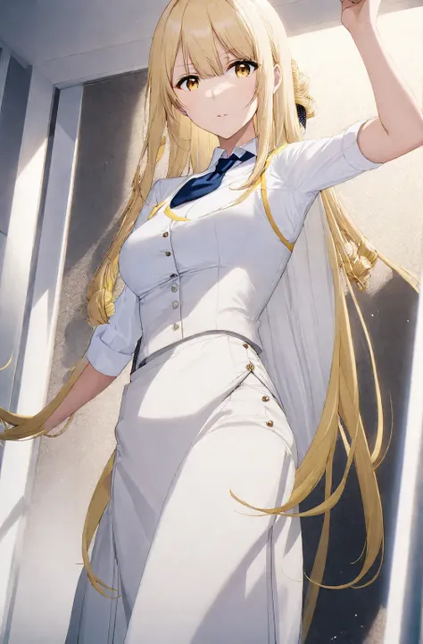 oriana rose, long hair, blonde hair, yellow eyes, drill hair, bangs, blunt bangs, skirt, jacket, necktie, white skirt, corset,