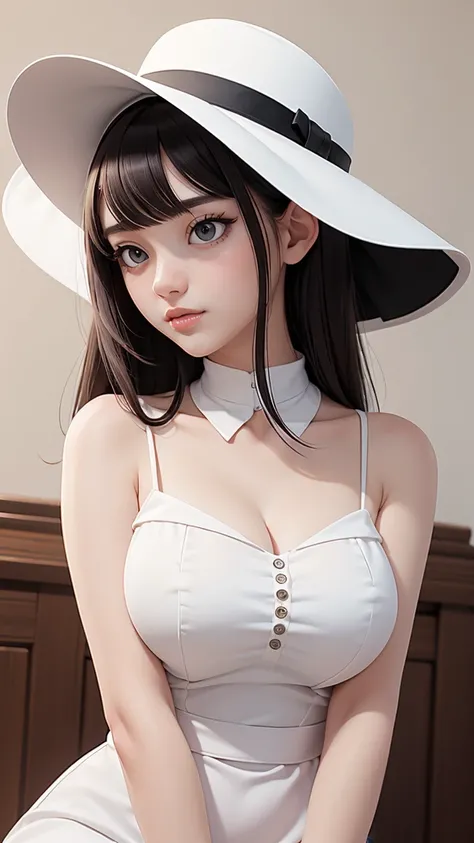 (best quality, masterpiece, perfect face) black hair, 18 years old pale girl, big bust, white sundress, big white hat
