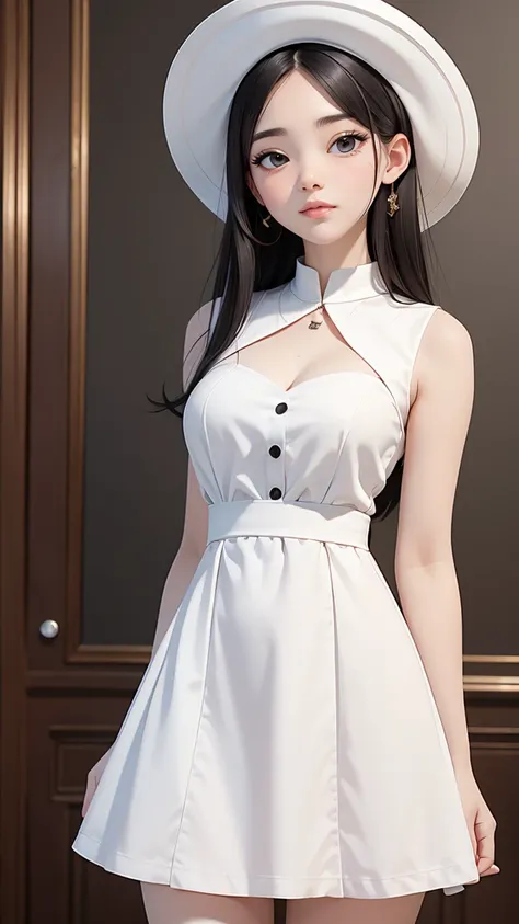 (best quality, masterpiece, perfect face) black hair, 18 years old pale girl, small bust, white sundress, big white hat
