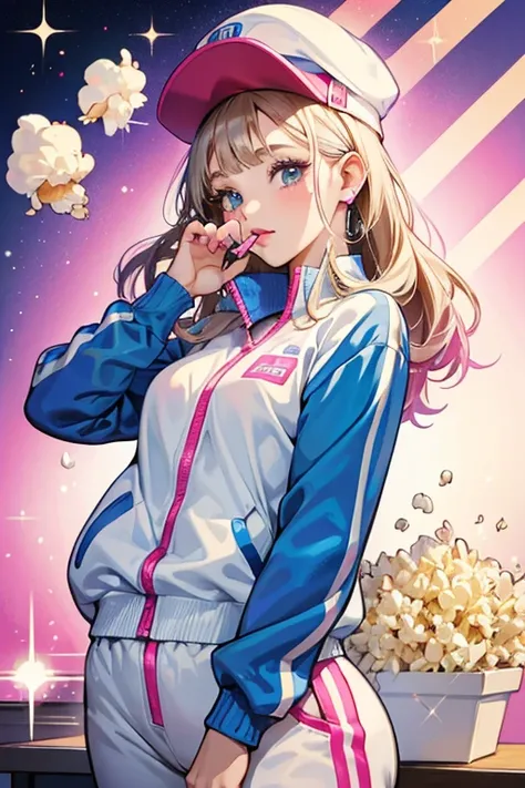 She has chunky highlights, a white baker boy cap, a two tone track suit, blue pattern white popcorn shirt, lip gloss and a hot pink flip phone.  SPARKLE; GLITTER