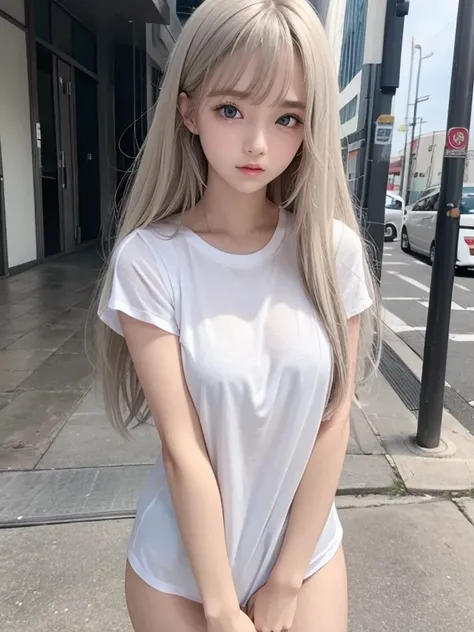 whole body、Nude,Sexy、Sexy cute looks and cute 15 year old beautiful girl, Beautiful and sexy face、A strong wind blows my hair in front of my face、Beautiful long straight greyish-beige hair with beautiful, cute and sexy eyes hidden by long bangs、Completely ...