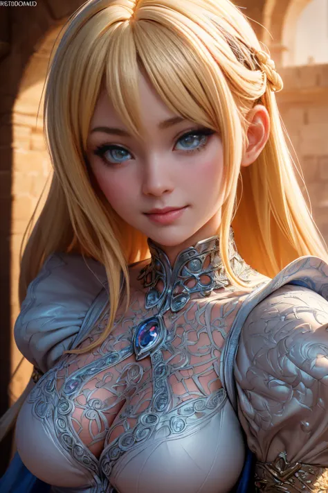 detailed portrait of a beautiful blonde medieval woman, nude, big tits, curvaceous body, wry smile, partially armored, inside her castle, highly detailed face and eyes, intricate details, cinematic lighting, dramatic shadows, vibrant colors, digital art, c...