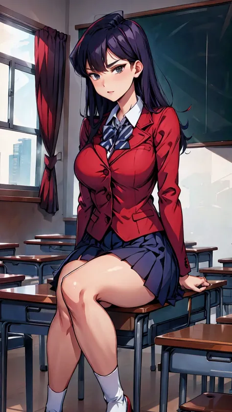 komi shouko,red shirt,navy blue blazer,sit, classroom,high quality,4k,