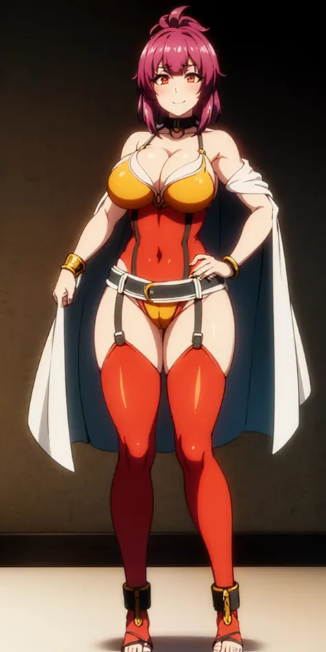 ((BLACK BACKGROUND,1:2, masterpiece)) full body MILF BIMBO standing with two long thighs and two metal sandals, red eyes, two-tone hair, brown hair, silver white hair, short bob style hair, big breasts, cleavage, separate sleeves, tiara royal, long cape up...