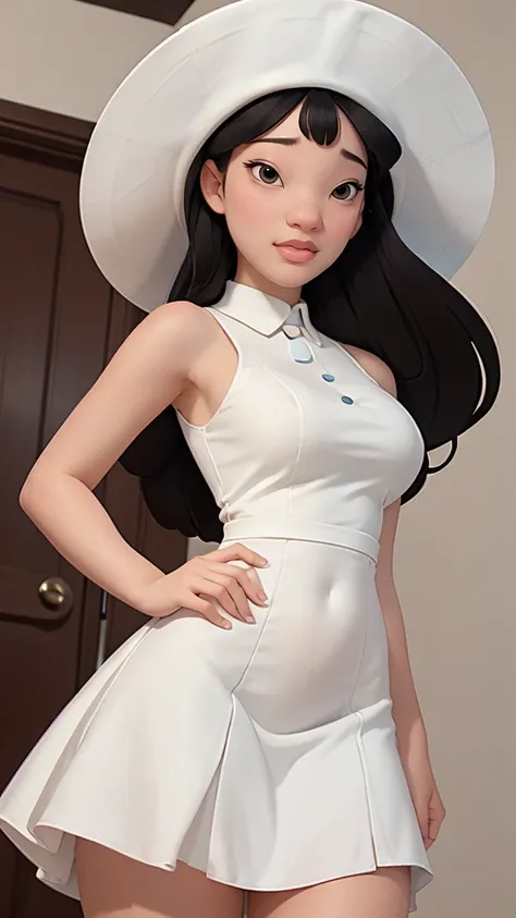 (best quality, masterpiece, perfect face) black hair, 18 years old pale girl, big bust, white sundress, big white hat
