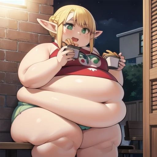 ((Masterpiece)), 1 solo girl, fat erufuda, short hair, pointy ears, fat elf, blonde hair, (green eyes:1.5), braid, ((Perfect body)), big cheeks, Open mouth, eating french fries, smile, white pantsu, hot, thick thighs, very cute, night, 4K