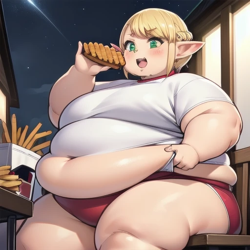 ((Masterpiece)), 1 solo girl, fat erufuda, short hair, pointy ears, fat elf, blonde hair, (green eyes:1.5), braid, ((Perfect body)), big cheeks, Open mouth, eating french fries, smile, white pantsu, hot, thick thighs, very cute, night, 4K