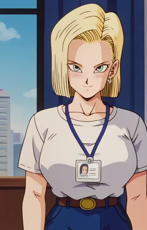 cyborgc18dbz, 1girl, blonde hair, blue eyes, short hair, earrings,  1lady standing, /(casual shirt/) (pencil skirt:1.1) /(id card lanyard/), (mature female) bangs, blush kind smile, (masterpiece best quality:1.2) delicate illustration ultra-detailed, large...