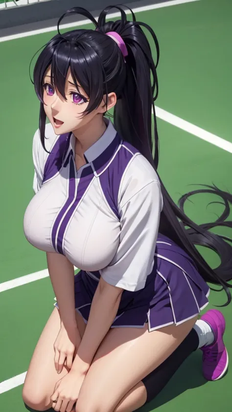 Akeno on knees for a blowjob, naughty and happy face, different angles, (masterpiece), best quality, perfect face, large breasts, ponytail, black hair, long hair, purple eyes, naughty tennis uniform, bright eyes,