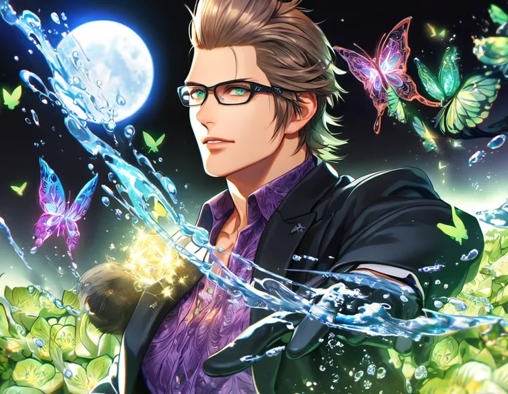 absurdres, highres, ultra detailed, HDR, master piece, best quality, extremely detailed, Ignis Scientia, brown hair, slicked up hair, glasses with black frames, expressive green eyes, Final Fantasy XV, solo, sexy man, handsome, black jacket, purple shirt, ...