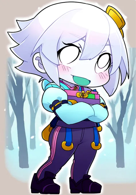 Colette has pale blue skin and short white hair.. Your eyes now shine with kindness. She wears a blue kimono with pastel blue tones. She wears a bamboo in her green mouth. And she&#39;s in a forest that shines with moonlight.
