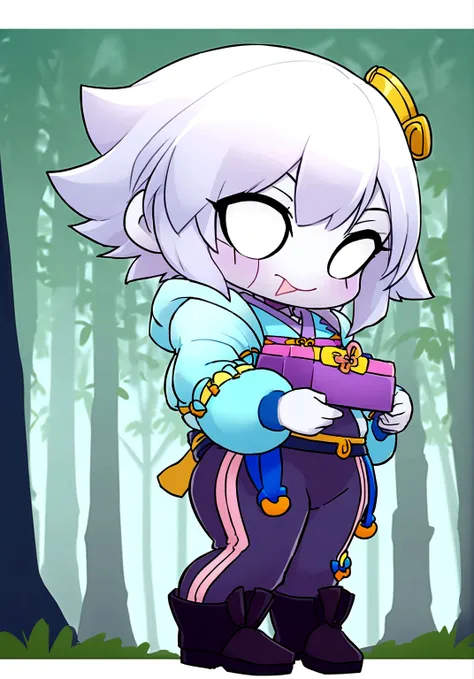 Colette has pale blue skin and short white hair.. Your eyes now shine with kindness. She wears a blue kimono with pastel blue tones. She wears a bamboo in her green mouth. And she&#39;s in a forest that shines with moonlight.
