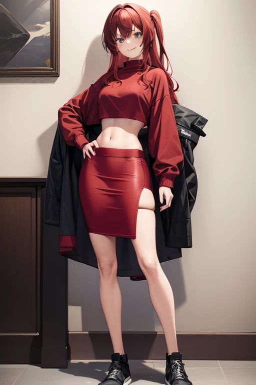 1girl, woman, red sweatshirt, crop top, black midi pencil skirt (tight), midriff, long hair, looking at viewer, full body, smile, hand on hip, brown hair