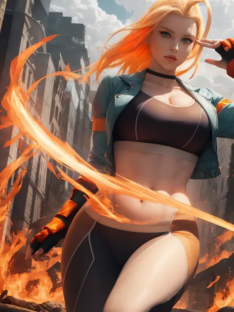 beautiful and graceful woman, large and powerful bust, white skin like an albino, bright orange eyes like fire, long white hair, one arm surrounded by lightning, a halo of bright fire, walking on the clouds in front of her