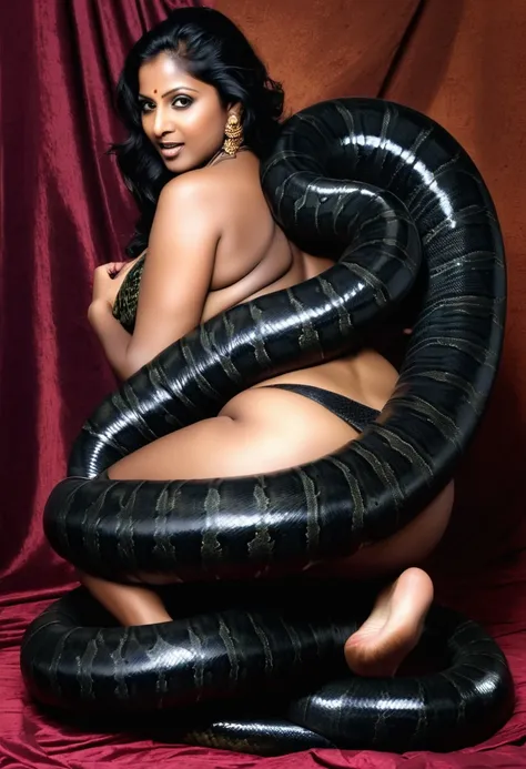 Pregnant Happy Horny, aroused 1girl), beautiful kneeling Indian  mature Indian woman  with  giant colossal black titanboa squeezing her hard, wrapped in thick spiraling coils, constricted, struggle, gasping for air, snake attack, snake peril, moonless nigh...