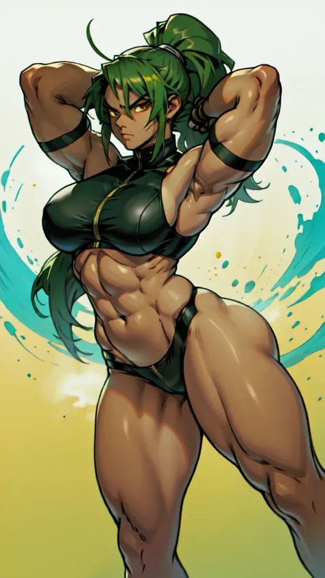 angry girl, kulams,  very long left sided ponytail hairstyle, Green hair,  (muscular) girl ebony skin, big buson, yellow eyes, Thicc body