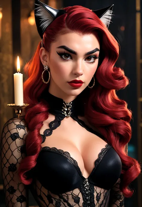 Full body shot Dua Lipa catwoman, ringlets wavy five feet long red hair, updo hairstyle with ponytail on one side and long hairpins holding the bun long braid, strong thighs, dark red glossy lips, heavy black eye shadow long black eyeliner, long sharp claw...