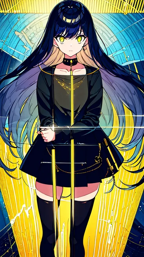 2girls, twins, short wavy navy blue hair, golden yellow glowing eyes, wearing black tube top, navy blue trench coat, navy blue long denim skirt, golden boots, sleeve tattoo, river, absurdres, high res, ultra sharp, 8k, masterpiece, looking at viewer, glowi...