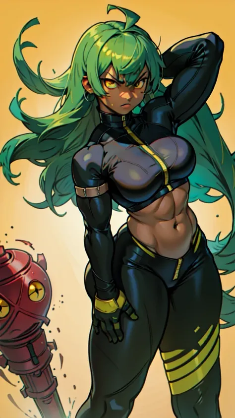 angry girl, kulams,  very long wavy hairstyle, Green hair,  (muscular) girl ebony skin, big buson, yellow eyes, Thicc body, kulas clothes, kulas gloves