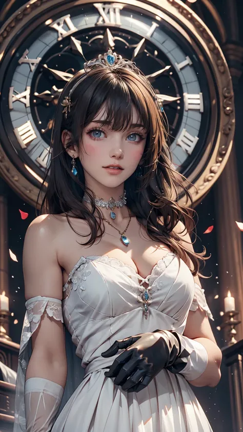 sagisawa fumika, One girl, alone, clock, pendant clock, blue eyes, chest, gloves, tiara, dress, Long Hair, chestの谷間, View your viewers, white gloves, Bare shoulders, Open your mouth, large chest, Strapless, choker, blush, white dress, Black Hair, Brown Hai...